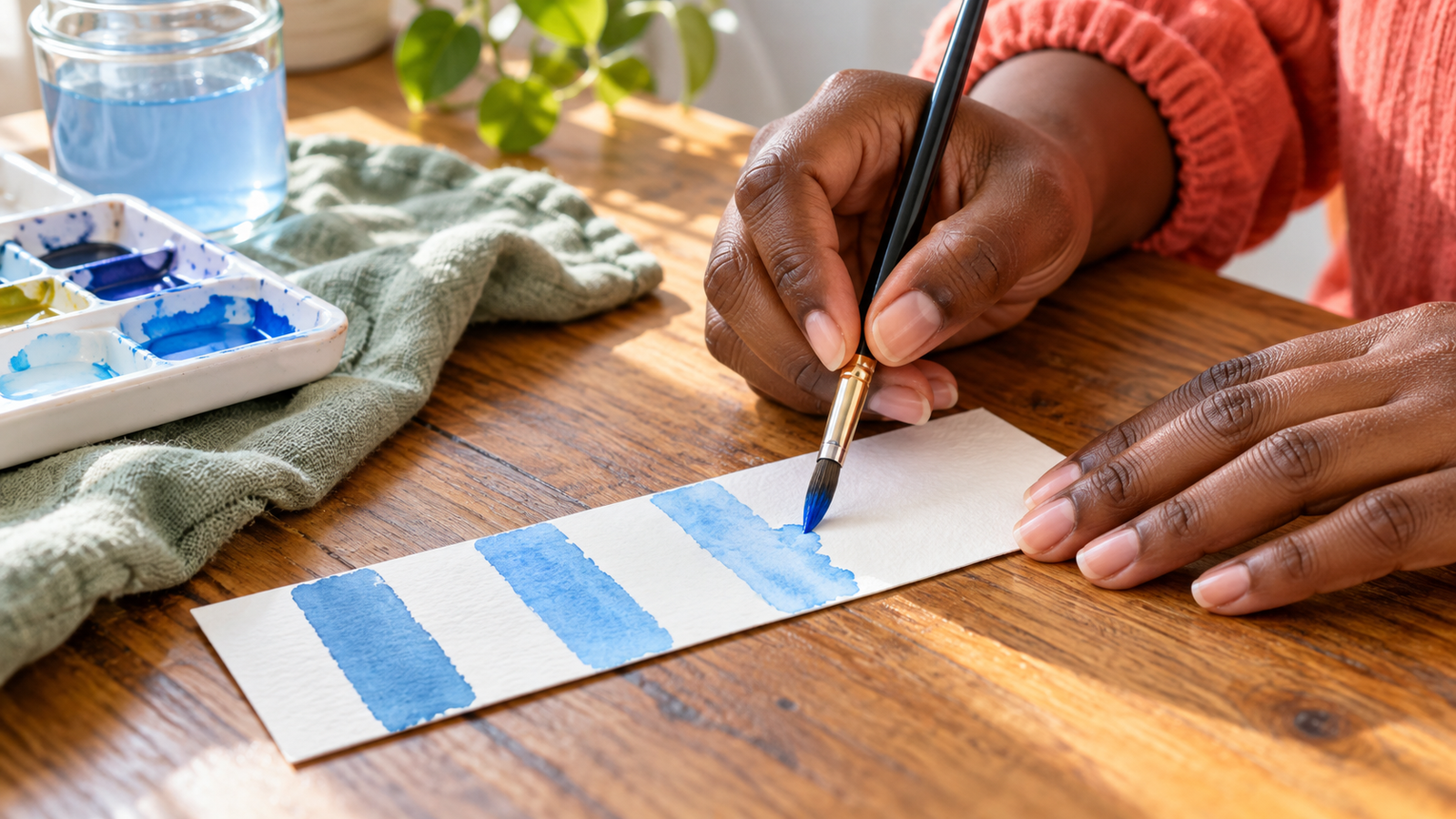 Hands painting blue stripes on a watercolor paper bookmark.