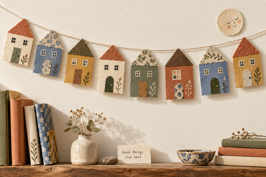 Eight textured paper houses strung above a bookshelf beside a note reading Good things live here.