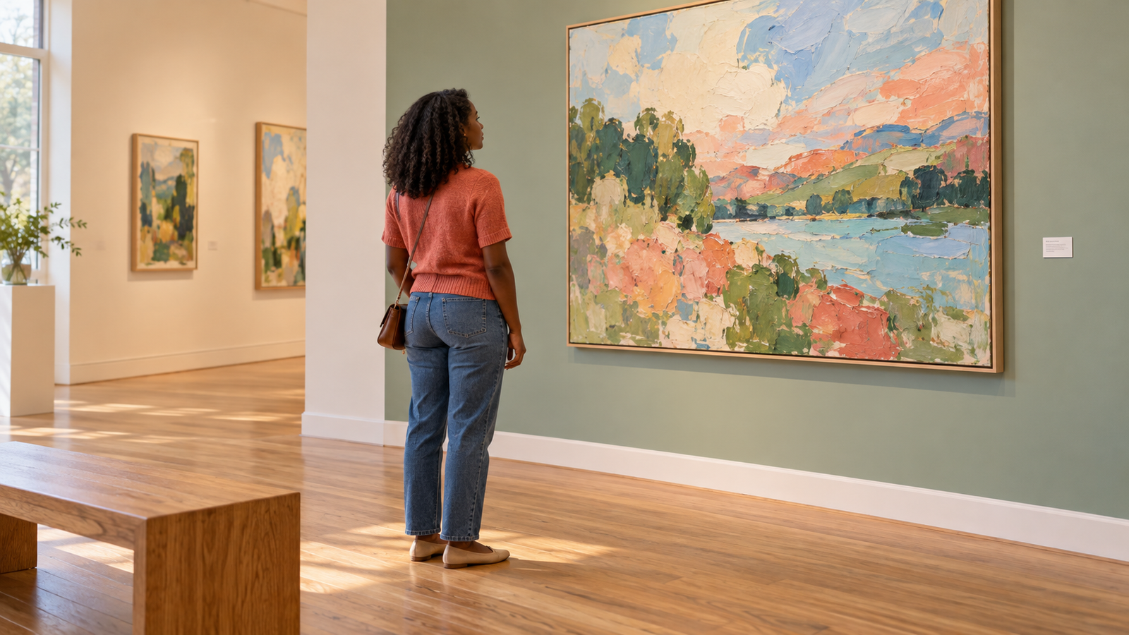 Woman in a coral top looking at a pastel landscape painting in a sunlit art gallery.