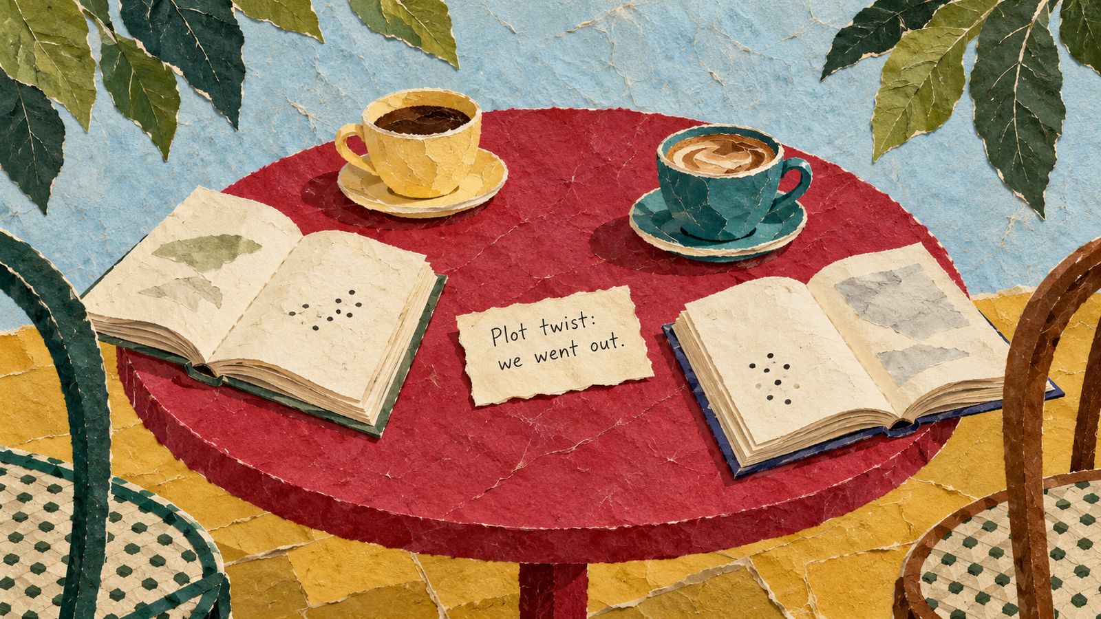 Two open books and yellow and teal cups on a raspberry paper table beside a note reading Plot twist: we went out.