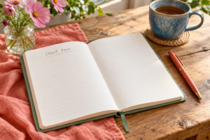 Open journal with Start here handwritten on a page beside pink flowers, a coral pen and a blue tea mug