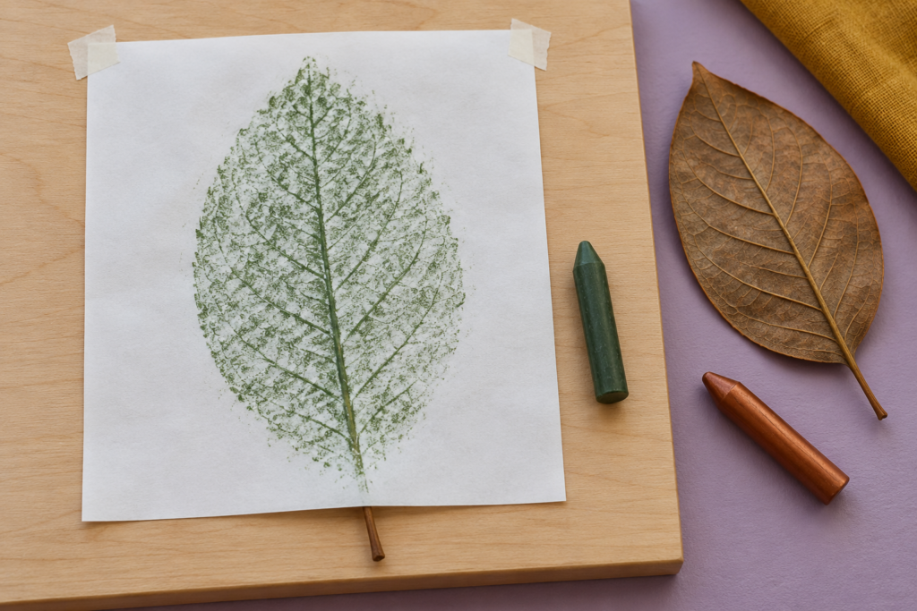 Green leaf rubbing on paper taped to a smooth board beside unwrapped crayons and a leaf.