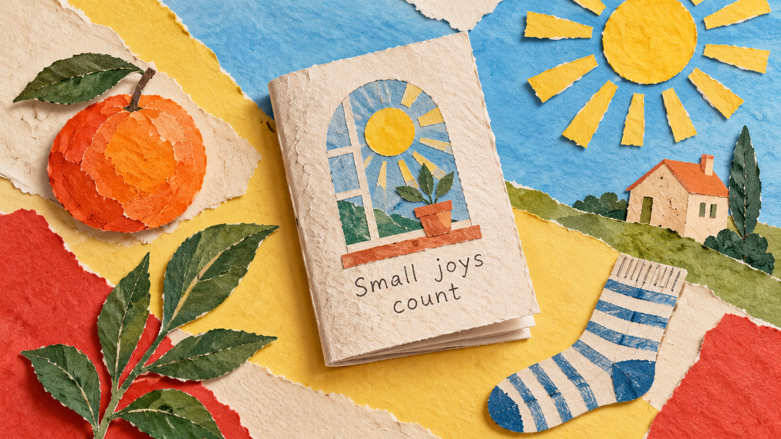 Layered paper collage of a tiny booklet titled Small joys count, surrounded by a sun, orange, sock, leaves and house.