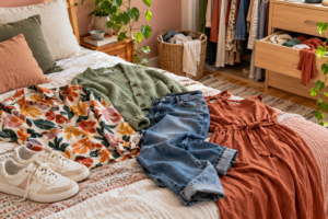 Dark-skinned woman choosing a coral blouse in a sunlit bedroom