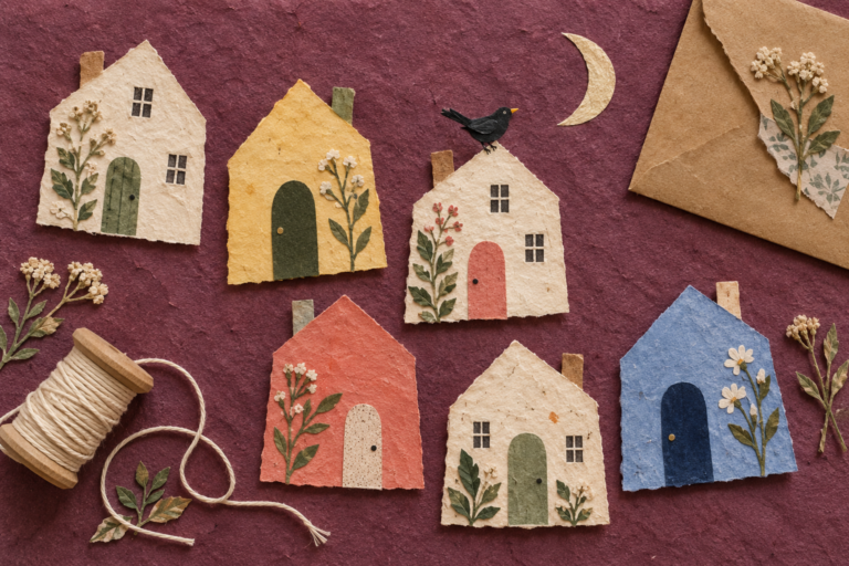 Cream, yellow, coral and blue paper houses with botanical details on plum paper.