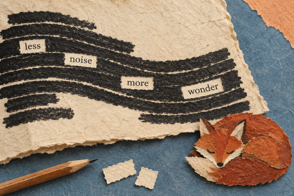 A sleeping paper fox beside a blackout poem reading less noise more wonder.