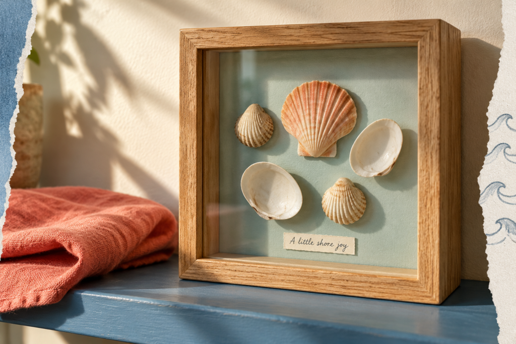 Angled oak shadow box with five peach and cream shells on aqua backing and a label reading “A little shore joy.”