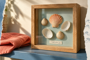 Angled oak shadow box with five peach and cream shells on aqua backing and a label reading “A little shore joy.”
