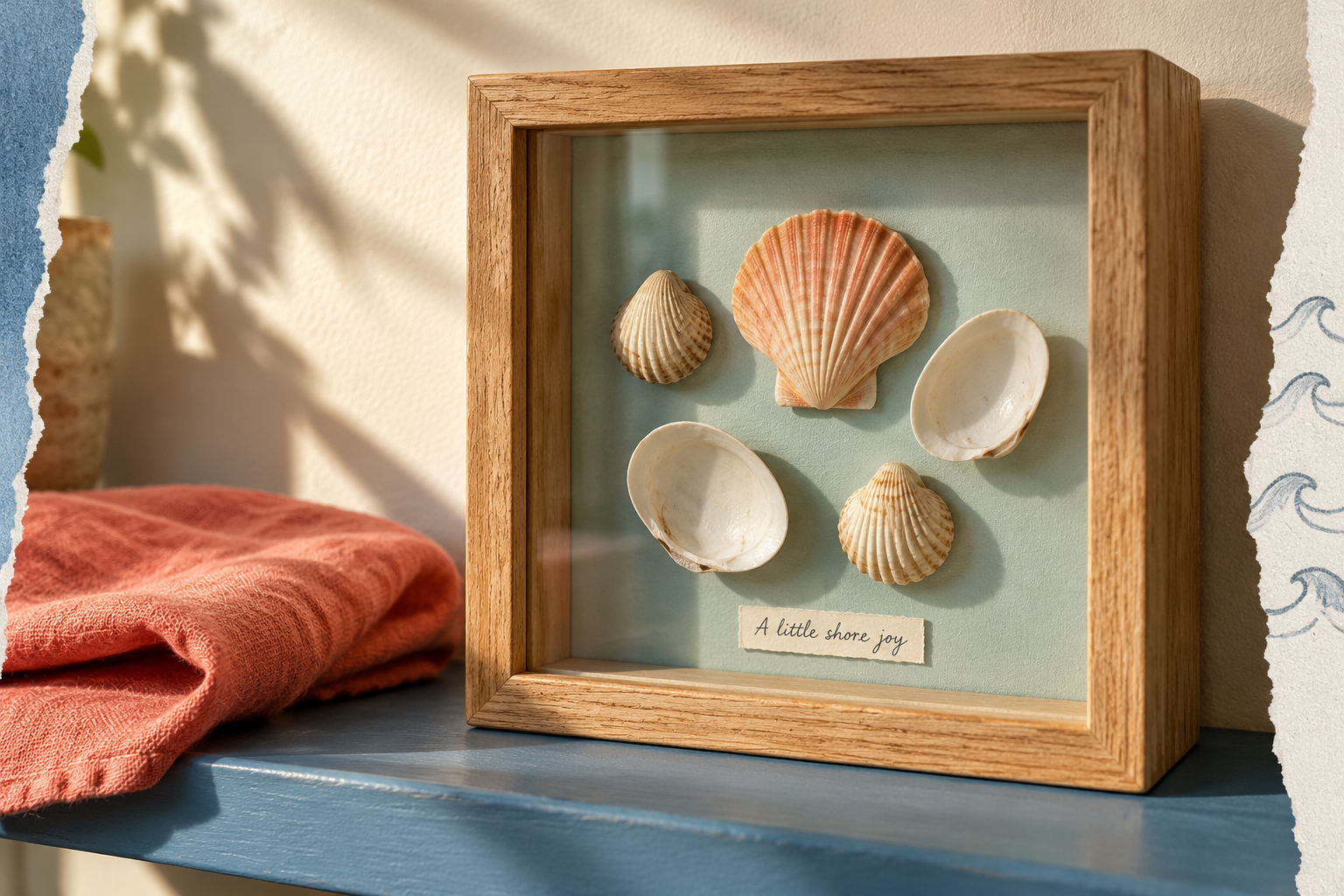 Angled oak shadow box with five peach and cream shells on aqua backing and a label reading “A little shore joy.”