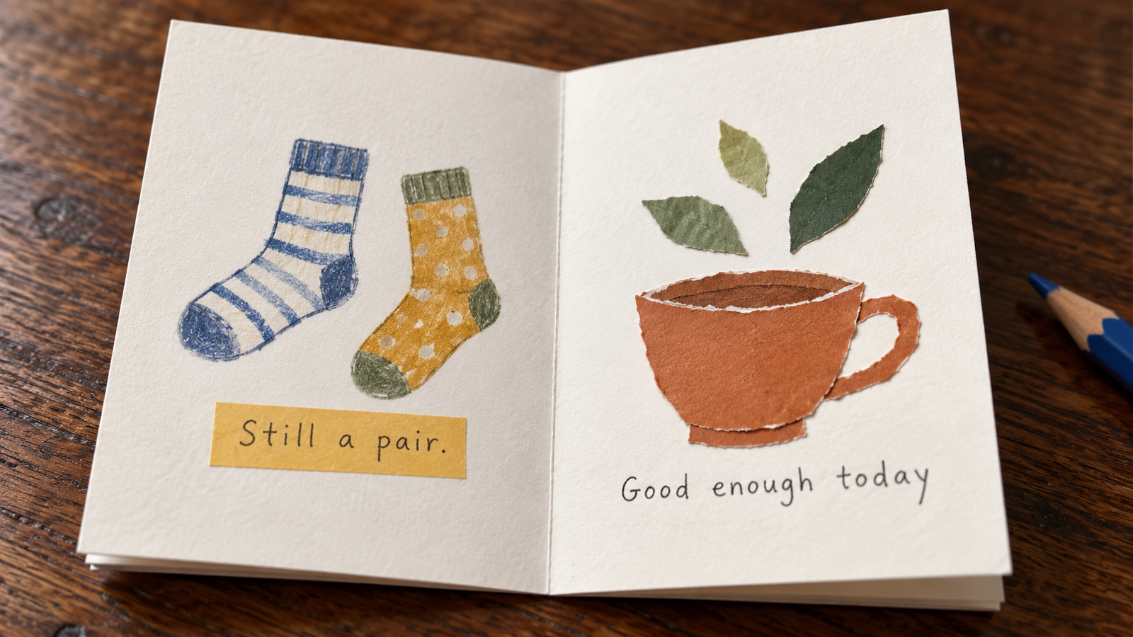 Open handmade booklet with mismatched sock drawings labeled Still a pair and a paper teacup above Good enough today.