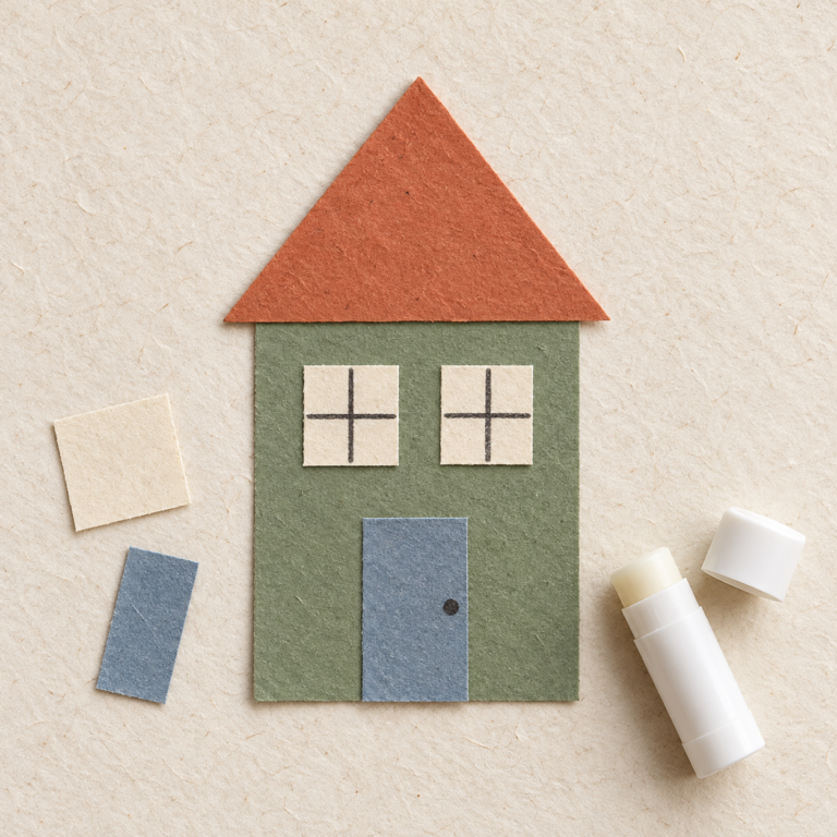 Sage paper house with a terracotta roof, two cream windows and a blue door beside a glue stick.