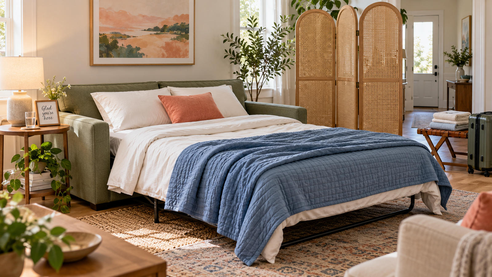 Sage sleeper sofa made up with ivory bedding and a blue quilt, beside a cane privacy screen and welcome note.