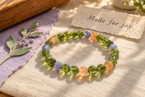 Green, periwinkle and apricot beaded stretch bracelet beside a Made for joy note.