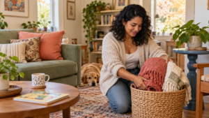 Woman placing coral and ivory blankets into a woven basket in a colorful living room.