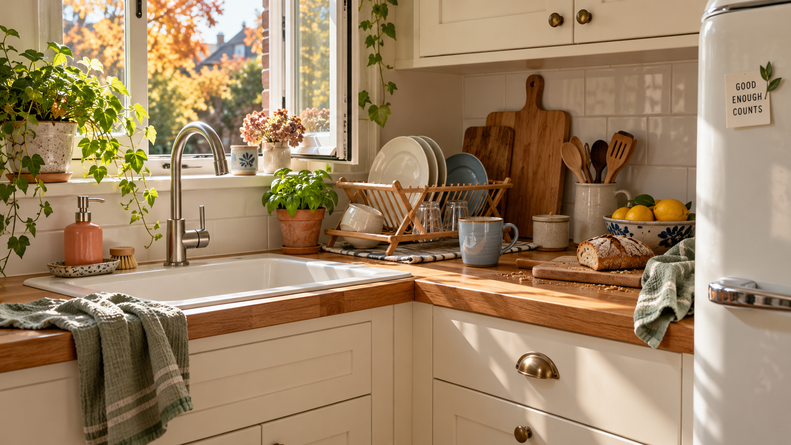 Sunny kitchen with a clear sink, drying dishes and a refrigerator note reading Good Enough Counts.