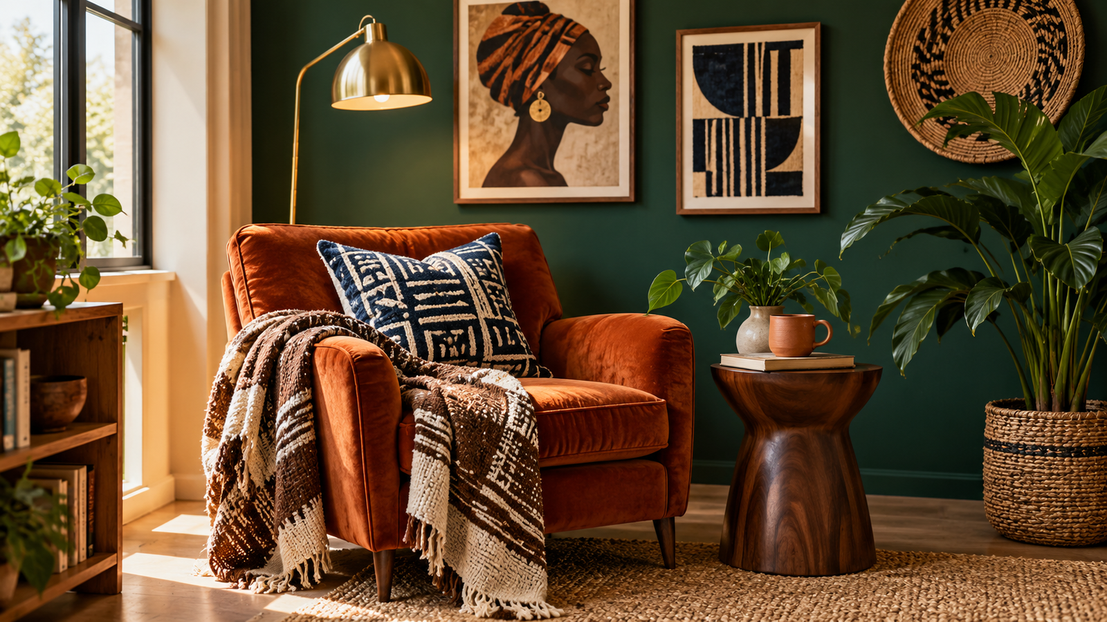 Rust velvet chair with patterned textiles, a Black woman portrait and woven wall decor against a green wall