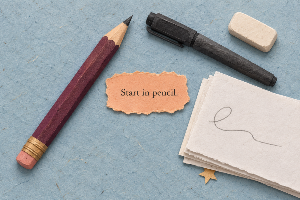 Paper-collage pencil, marker, eraser and paper beside a note reading Start in pencil.