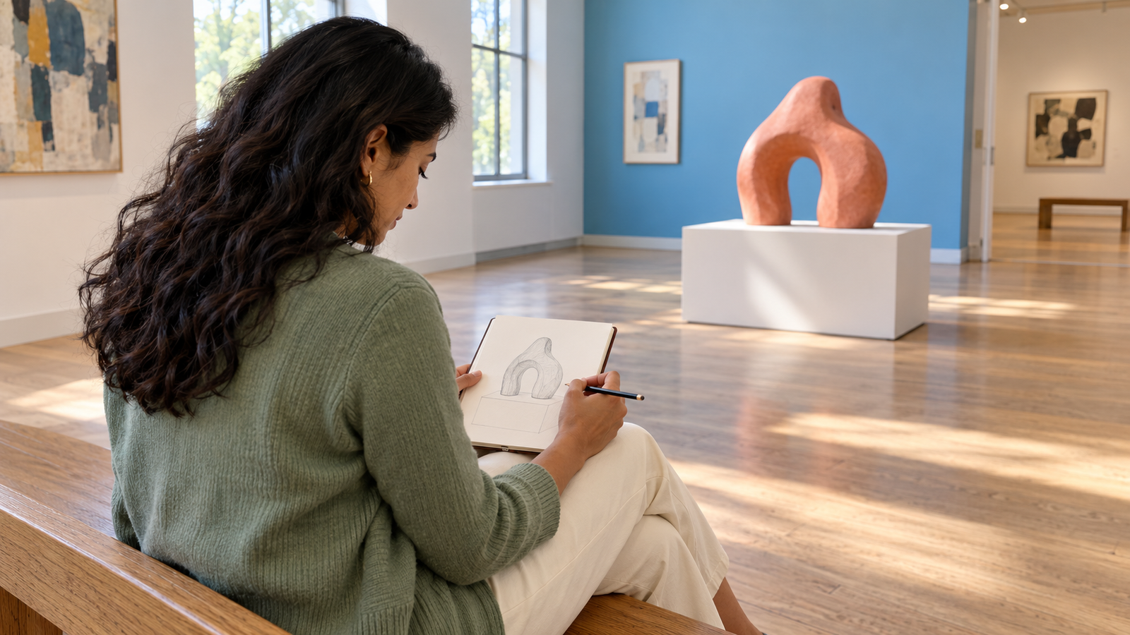 Woman seated on a gallery bench sketching a coral arch-shaped sculpture in a small notebook.