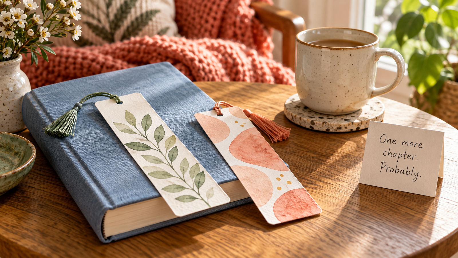 Painted bookmarks with tassels resting on a blue book beside a note reading One more chapter. Probably.
