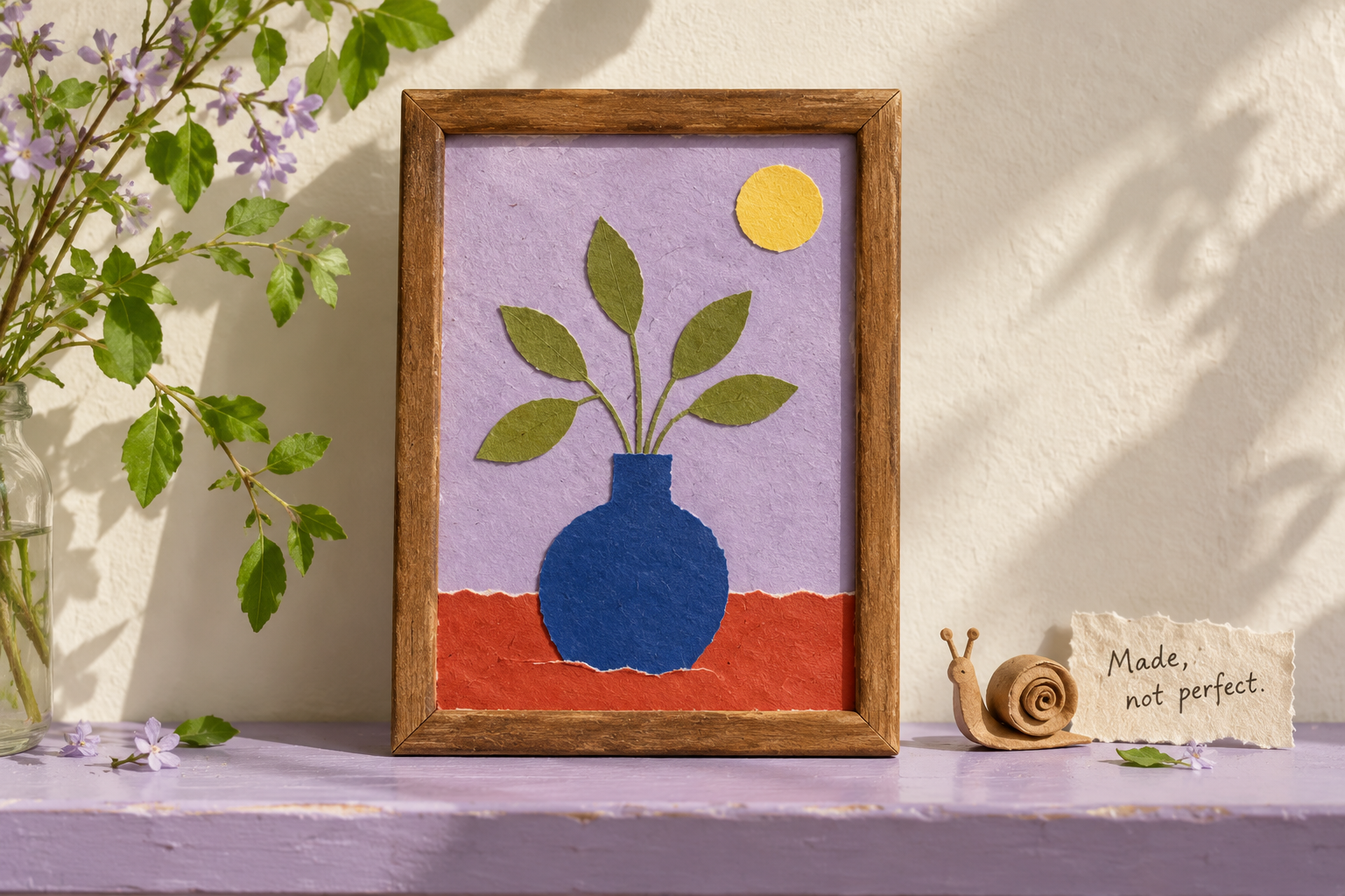 Small framed paper collage of a blue vase and green leaves on lilac, beside a paper snail and a “Made, not perfect” note.