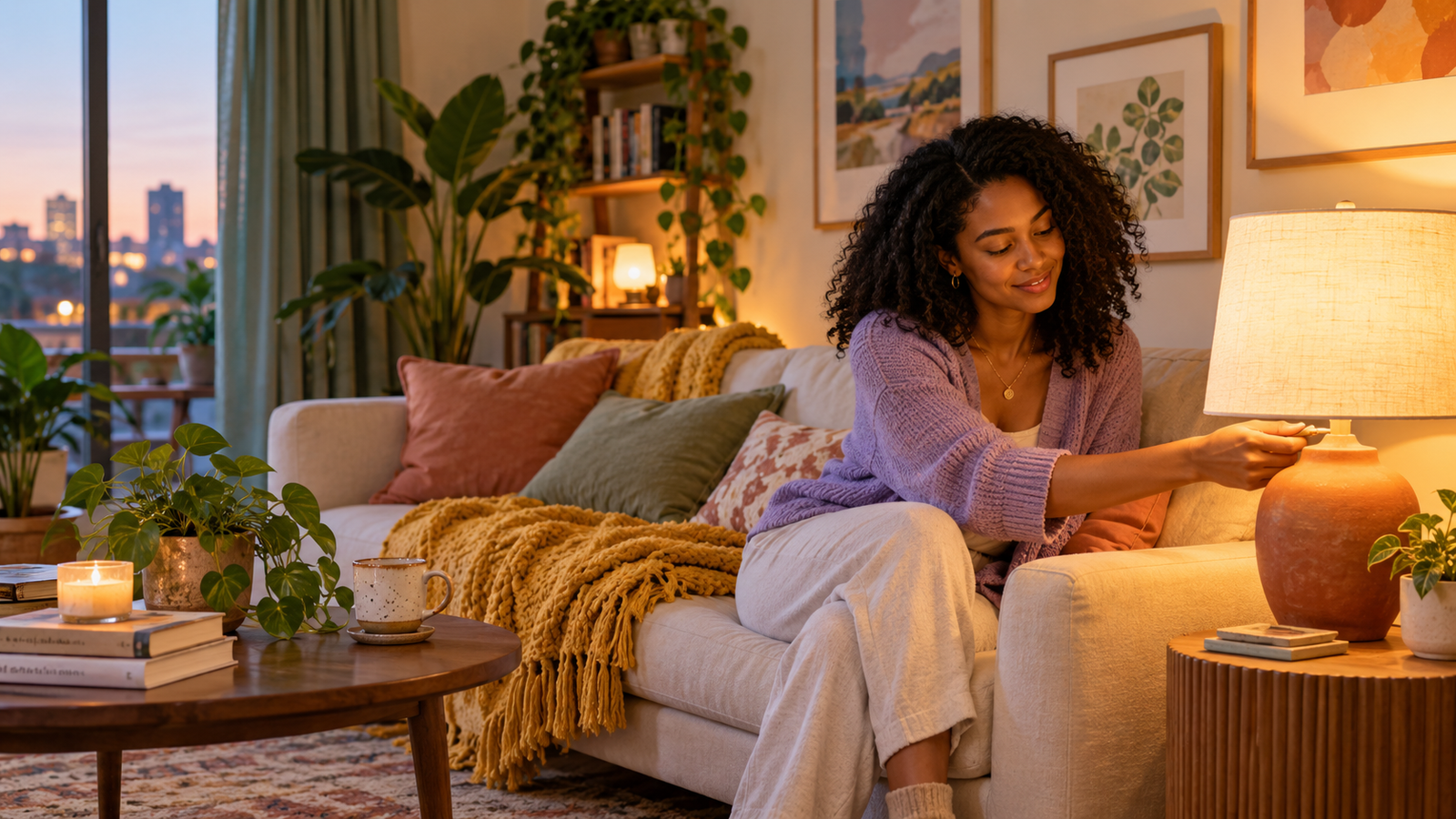 Cozy bedroom with layered bedside lamps, wall sconces, sage bedding and warm evening light