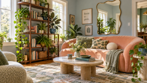 Peach sofa beside a walnut plant shelf, botanical art and a Room to grow print