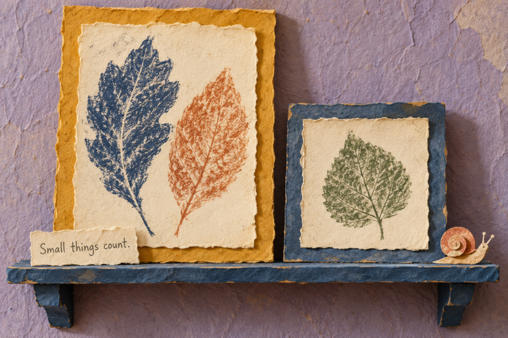 Botanical paper art on ochre and blue backings with a snail and a note reading Small things count.