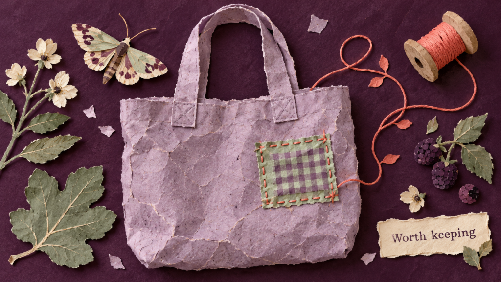 Torn-paper collage of a lilac tote with a checked patch, a moth, leaves and a note reading Worth keeping.