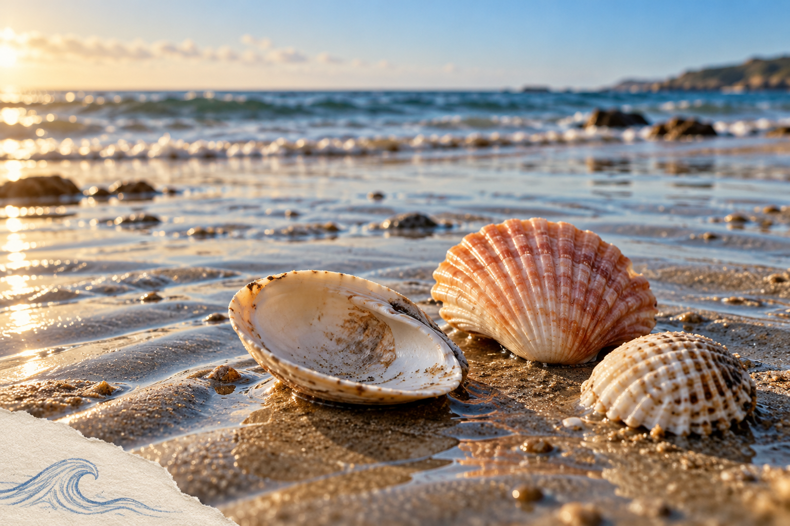 Three weathered bivalve shells on damp beach sand, with softly blurred waves and a small paper wave accent.